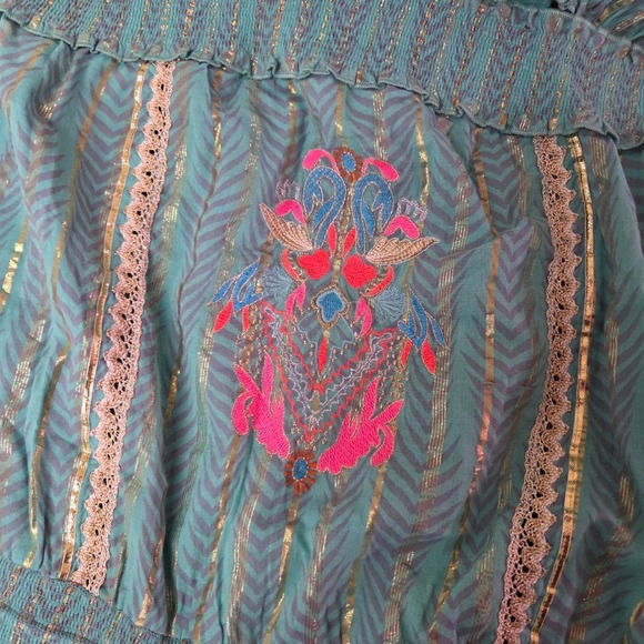 Venus Teal Gold Metallic Chevron Embroidered Strapless Tiered Maxi Dress 2X - Picture 7 of 9